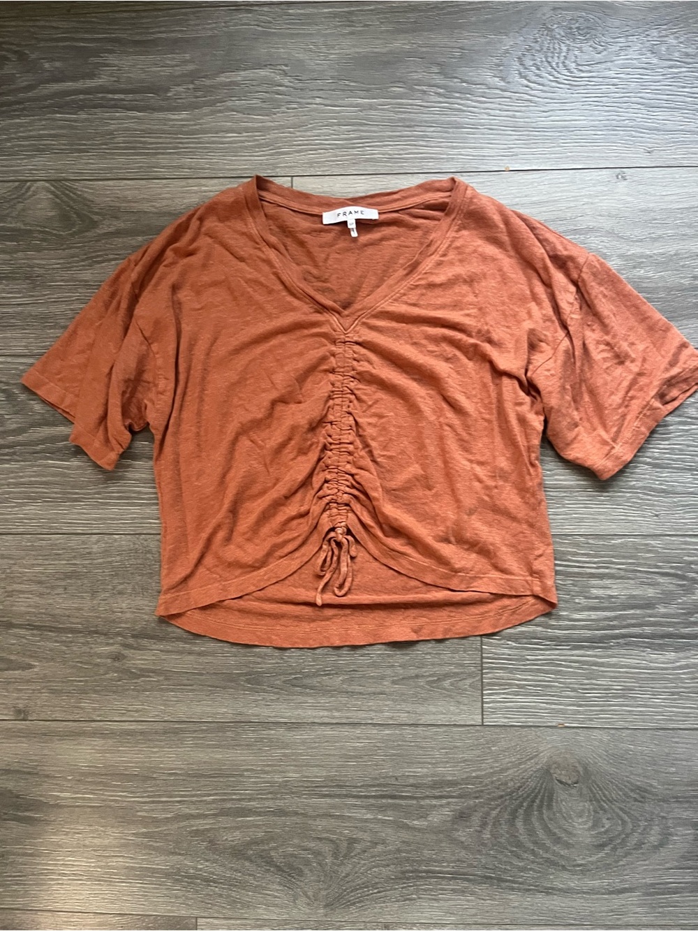 Frame Orange 100% Organic Linen V Neck Ruched Tie Cropped Short Sleeve Top S